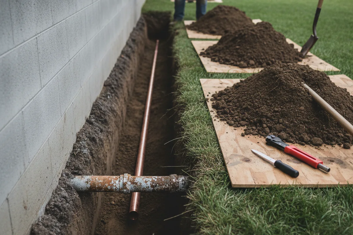Excavated water line trench during Sewer Line Repair in Valdosta